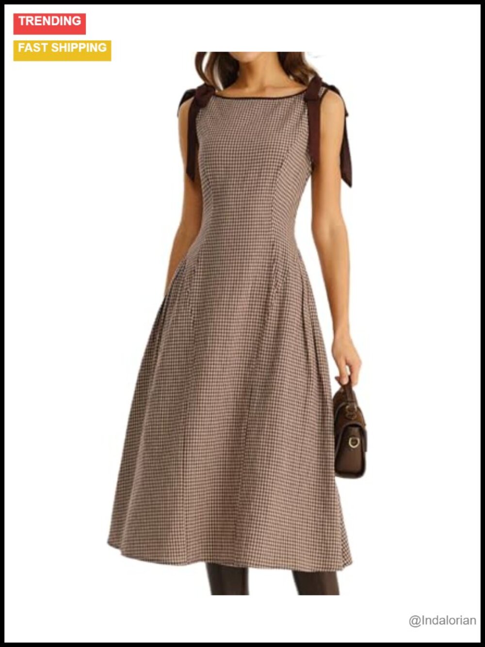 Plaid Boat Neck Midi Dress with Bow Tie - Sleeveless A-Line Summer Dress